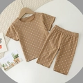 Toddler summer pajamas set with polka dot pattern and ribbed fabric in caramel brown - 80cm / Coffee