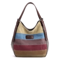 Large multi-color striped canvas tote bag with brown leather straps and brand logo tag - Gray