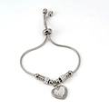 Detail of adjustable silver snake chain bracelet with heart charm and micro-inlaid crystals - Silver
