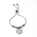 Macro view of silver-tone snake chain bracelet with full rhinestone round pendant - Steel Color / Steel