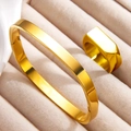 Polished 18k gold plated stainless steel square bangle and chunky ring jewelry set - Gold Bangle And Ring (247 Gold)