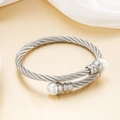 Brazalete de cable de acero plateado con perlas blancas y diseño ajustable de lujo - 009 Cable Torsonado (5998057001569) / 009 Steel Color