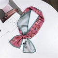 Pink floral silk skinny scarf with red rose pattern and dark green borders for women - Pink Bouquet