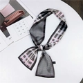 Pink and black houndstool pattern silk-like skinny scarf tied for versatile styling - Geometric Grey