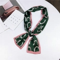 Dark green narrow silk twilly scarf with horseshoe print and pink border - Green Horse Hoof (23)