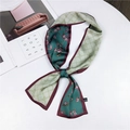Floral print narrow silk scarf in dark green and pink with wine red borders - Bouquet Green