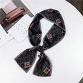 Dark grey skinny silk scarf with red floral patterns and abstract geometric print - Grey Coin Flower (31)