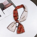 Dual-sided floral silk scarf twilly with rust red floral and beige geometric pattern - Floral Red Beige