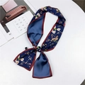 Navy blue floral silk ribbon scarf with pink flowers and deep red borders - Bouquet Blue