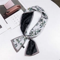 Floral and plaid double-sided skinny silk scarf for women in blue, white and black - Bouquet White