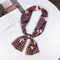 Floral and houndstooth pattern skinny silk scarf in navy blue and orange tones - Floral Grid Pink