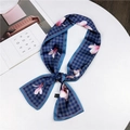 Navy blue houndstooth silk scarf featuring elegant pink magnolia floral patterns - Floral Grid Blue