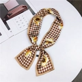 Floral and houndstooth pattern double-sided long skinny silk scarf tied in a bow - Floral Grid Yellow