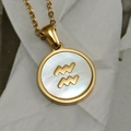 18K gold plated Aquarius zodiac necklace with white shell pendant on a thin O-chain - Round White Shell Aquarius
