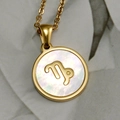 18K gold plated stainless steel Capricorn zodiac necklace with mother of pearl pendant - Round White Shell Capricorn