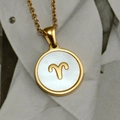 18K gold plated stainless steel Aries zodiac necklace with white shell pendant inlay - Round White Shell Aries