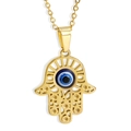 Détail du pendentif Main de Fatma dorée avec œil bleu et motifs ajourés complexes - Avec Collier / Or Œil Bleu