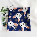 Close-up of a navy blue small square scarf with white rabbit prints and grey polka dots - Navy Blue Rabbit
