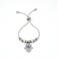 Bracciale regolabile con mano di Fatima, malocchio e catena a serpente in argento e strass - Malocchio Color Acciaio
