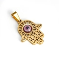 Pendentif Main de Fatma dorée avec symbole de l'Oeil du Mal en acier inoxydable - Pendentif uniquement / Or (Yeux Rouges)