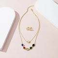 Golden stainless steel jewelry set featuring colorful zircon necklace and stud earrings - Round Colored Zirconia Set (With Earrings)