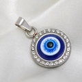 Pendentif œil porte-bonheur en argent avec émail bleu et cristaux sur soie blanche - Pendentif uniquement / Yeux Bleus Acier