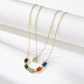 Golden double-layer stainless steel necklace with multi-colored rectangular gemstones - Square Colored Zirconia Necklace (No Earrings)