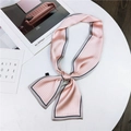 Pink and white striped long silk skinny scarf tied on a table with a minimalist background - Pink Vertical Stripe