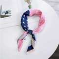 Floral silk scarf in pink and navy blue with stripe details on white background - Pink and Blue Patchwork