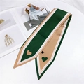 Dark green and camel twilly silk scarf with heart patterns and pointed ends - Single Heart Green Yellow