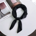 Solid black satin square neck scarf for women made of silky fabric tied on white surface - 70cmx70cm / Black