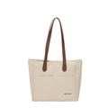 Borsa tote in tela bianco sporco con manici in pelle marrone e doppie tasche frontali - Bianco Sporco