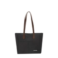 Borsa tote in tela nera stile giapponese con manici marroni e tasche esterne grandi - Nero