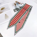 Polka dot red skinny silk scarf twilly with grey borders and fashion magazine backdrop - Circle Polka Dot Red