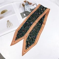 Green leopard print twilly silk scarf with orange striped border and pointed ends - Small Leopard Army Green