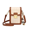 Compact brown and beige quilted crossbody phone bag with a cute calf doll charm - Brown