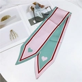 Pink and mint green satin twilly silk scarf with heart pattern for bags or hair - Single Heart Green Pink