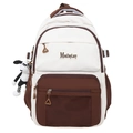 Sac à dos crème et marron avec écusson MonDayLucy et porte-clés peluche petit chien - Marron avec Pendentif