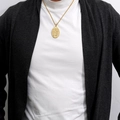 18K gold plated stainless steel religious Guadalupe pendant necklace worn by a model - Steel Color (Pendant Only) 2*3