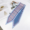 Blue geometric print twilly silk scarf with diagonal ends for neck and bag decor - Colorful Grid Blue