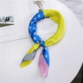 Silk floral neck scarf with vibrant blue, yellow, and pink patchwork pattern - Yellow Blue