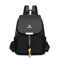 Waterproof black nylon backpack for women with leather trim and decorative brand pendant - Minimalist Metal Logo Style (3120-9)