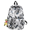 Schwarz-weißer Manga-Print-Rucksack mit grünem Dinosaurier-Plüschtier für Studenten - Blau