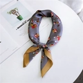 Gray fox pattern silk scarf with yellow border displayed on a fashion magazine - 70cm / 7 Owl Grey Brown