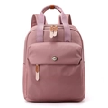 Fashionable dust pink nylon backpack with front flap pocket and woven fox handle - Lilac Purple