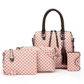 Pink printed tote bag 4-piece set with brown leather handles and geometric pattern - Pink