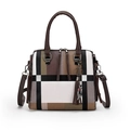 Retro color-block patchwork handbag with cat tassel charm and litchi texture - Coffee