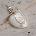 Saint Michael heart pendant with white mother-of-pearl shell and silver snake chain - San Miguel Arcangel Style Pendant Only (Without Chain) / Silver