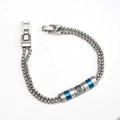 Men's double layer silver box chain bracelet with blue rings and black ship wheel icon - Ship's Wheel Blue Style (Q-01B)