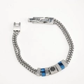 Men's hip hop Cuban box chain bracelet with silver and blue links and gear charm - Gear Sun Blue Style (Q-01K)